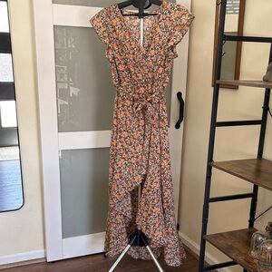 Floral High-Low Wrap Dress in Rust and Cream